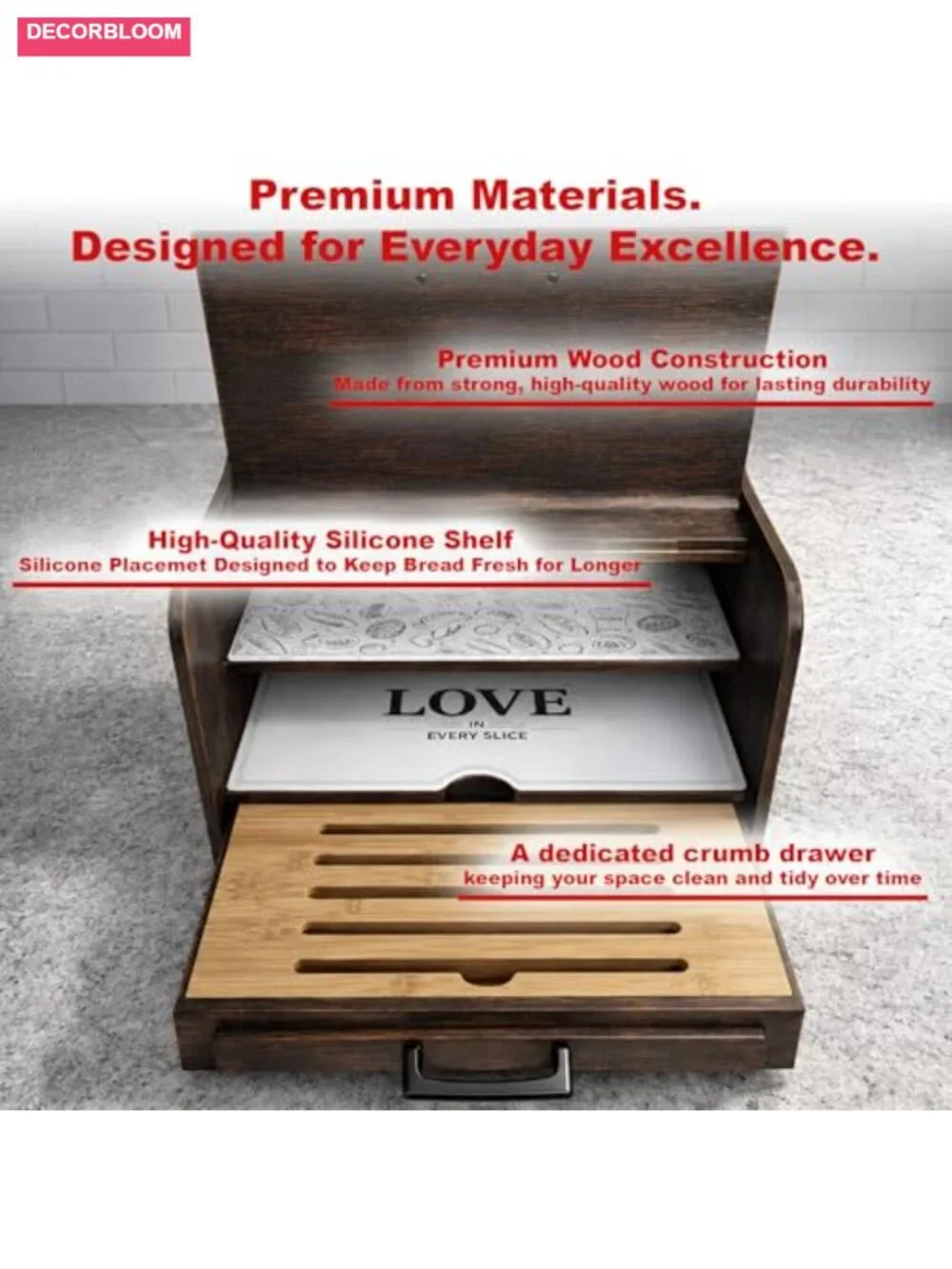 Extra Large Rustic Wood Bread Box with Crumb Tray, Kitchen Counter Storage